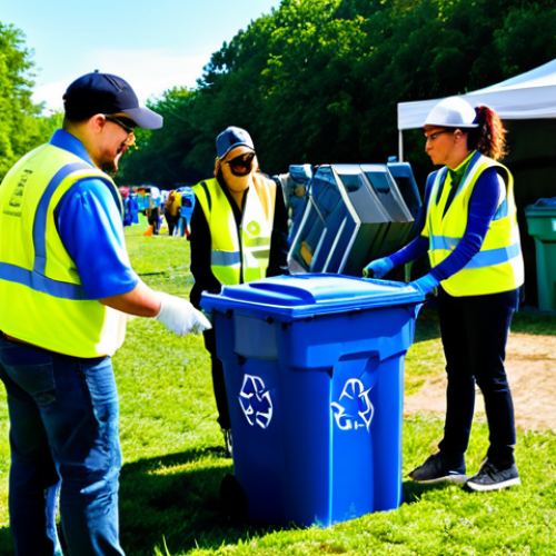 Home 4 A diverse group of festival attendees and Green Team volunteers are actively engaged in sorting waste at clearly marked recycling and composting stations. All subjects are fully clothed in modest, appropriate, and casual festival attire; volunteers wear bright, identifiable vests. The vibrant outdoor festival setting features lush green grass under a clear blue sky. Modern, distinct waste bins for different material streams are visible, with an "Eco-Zone" sign subtly in the background. The atmosphere is positive and collaborative. Professional photography, hyper-realistic, natural lighting, perfect anatomy, correct proportions, natural pose, well-formed hands, proper finger count, natural body proportions, high detail, high quality, safe for work, appropriate content, fully clothed, family-friendly.