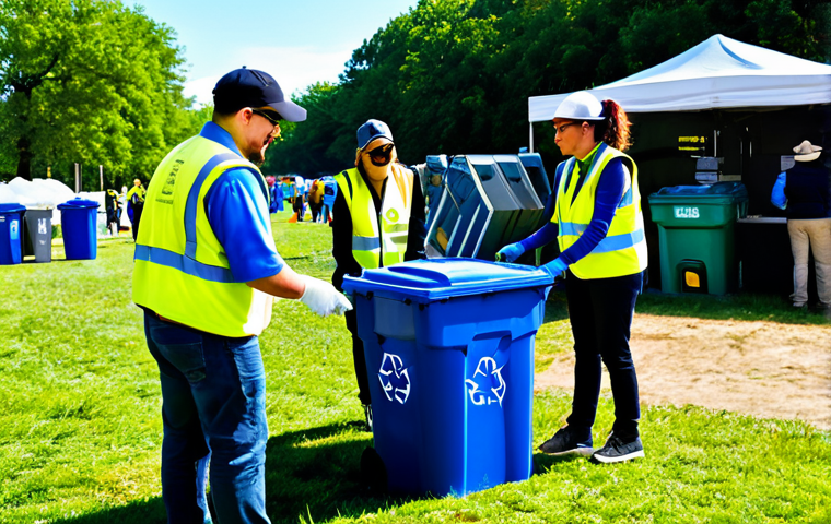 A diverse group of festival attendees and Green Team volunteers are actively engaged in sorting waste at clearly marked recycling and composting stations. All subjects are fully clothed in modest, appropriate, and casual festival attire; volunteers wear bright, identifiable vests. The vibrant outdoor festival setting features lush green grass under a clear blue sky. Modern, distinct waste bins for different material streams are visible, with an "Eco-Zone" sign subtly in the background. The atmosphere is positive and collaborative. Professional photography, hyper-realistic, natural lighting, perfect anatomy, correct proportions, natural pose, well-formed hands, proper finger count, natural body proportions, high detail, high quality, safe for work, appropriate content, fully clothed, family-friendly.