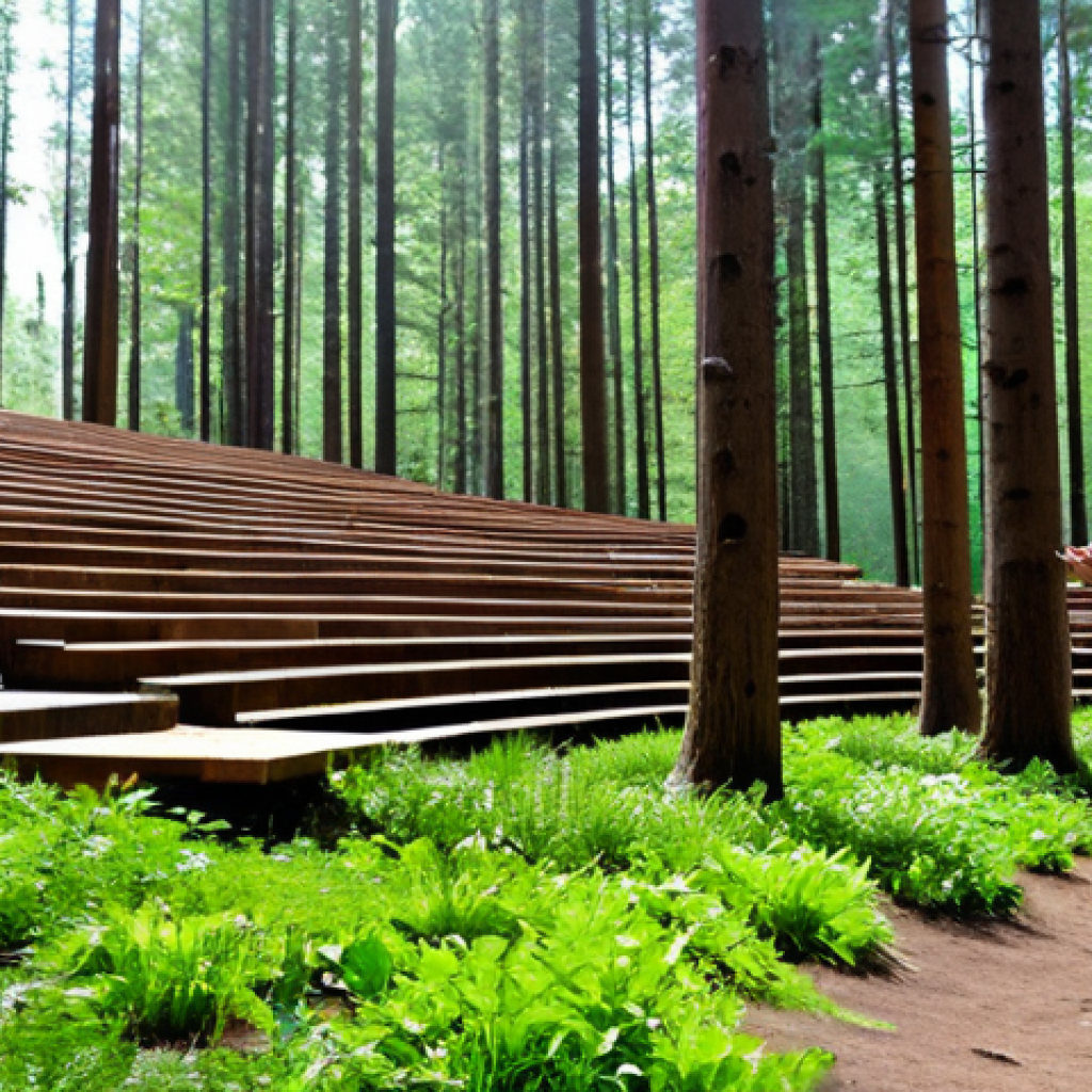 A diverse group of festival attendees, fully clothed in modest, comfortable, earthy-toned attire, standing and conversing gently in an old-growth forest setting. Subtle, natural light filters through reclaimed timber structures integrated into natural slopes, creating an amphitheater feel. A pristine natural spring is visible nearby. The atmosphere is peaceful and contemplative, highlighting the harmony between humans and nature. perfect anatomy, correct proportions, natural pose, well-formed hands, proper finger count, natural body proportions, professional photography, high resolution, soft natural light, vibrant colors, safe for work, appropriate content, fully clothed, family-friendly.