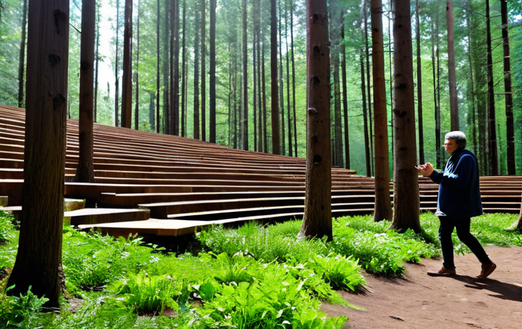 A diverse group of festival attendees, fully clothed in modest, comfortable, earthy-toned attire, standing and conversing gently in an old-growth forest setting. Subtle, natural light filters through reclaimed timber structures integrated into natural slopes, creating an amphitheater feel. A pristine natural spring is visible nearby. The atmosphere is peaceful and contemplative, highlighting the harmony between humans and nature. perfect anatomy, correct proportions, natural pose, well-formed hands, proper finger count, natural body proportions, professional photography, high resolution, soft natural light, vibrant colors, safe for work, appropriate content, fully clothed, family-friendly.
