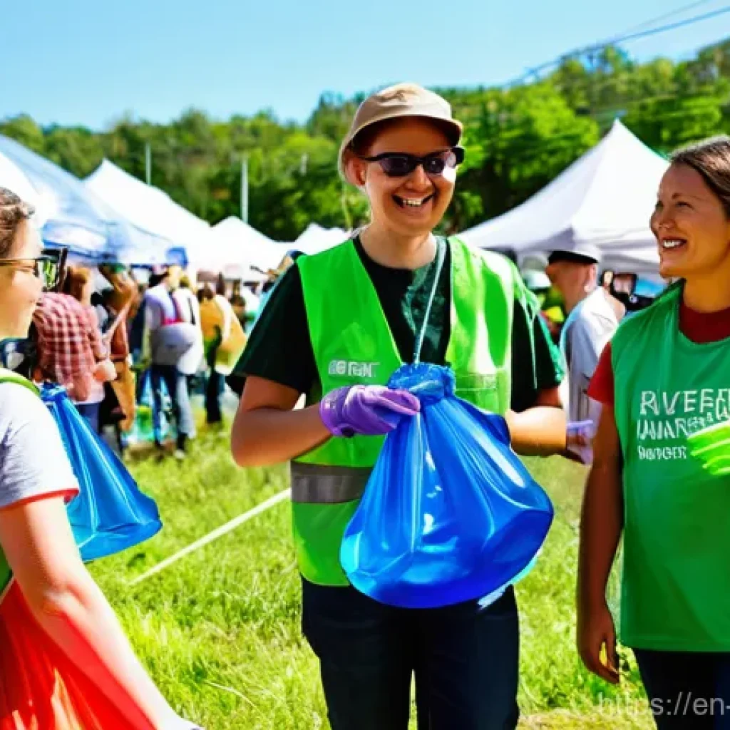 친환경 축제 기획을 위한 지역 사회 협력 - **Image Prompt: Community Green Team in Action at the "Rivertown Folk Fest"**
A vibrant, sunlit ...