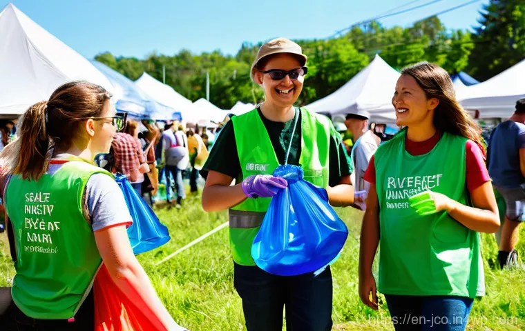 친환경 축제 기획을 위한 지역 사회 협력 - **Image Prompt: Community Green Team in Action at the "Rivertown Folk Fest"**
A vibrant, sunlit ...