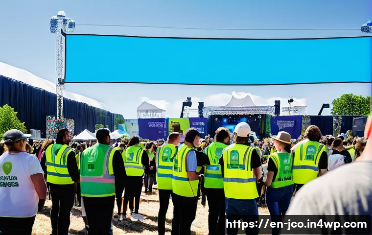 축제 기획 시 고려해야 할 환경 법규 - A vibrant outdoor music festival scene during daytime, featuring a large crowd of diverse attendees ...