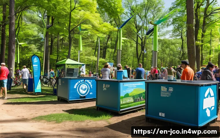 친환경 축제에 적합한 장소 선정 팁 - A vibrant outdoor eco-friendly music festival scene set in a lush forest preserve during a sunny day...