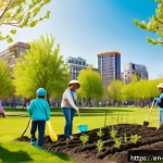 Home 20 텍스트와 디자인으로 전하는 친환경 메시지 - A vibrant, authentic photograph of a diverse community group planting trees in an urban park during ...