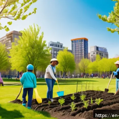 Home 32 텍스트와 디자인으로 전하는 친환경 메시지 - A vibrant, authentic photograph of a diverse community group planting trees in an urban park during ...