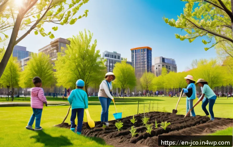 텍스트와 디자인으로 전하는 친환경 메시지 - A vibrant, authentic photograph of a diverse community group planting trees in an urban park during ...