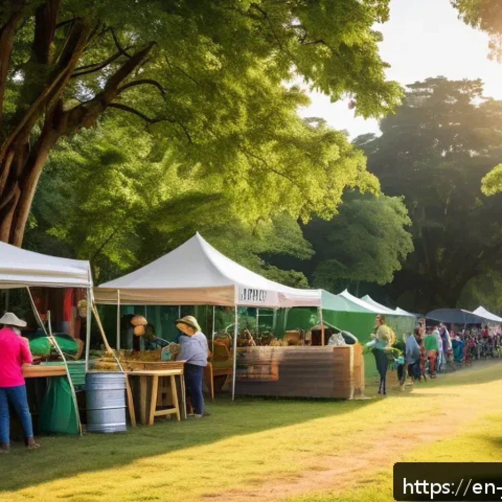 친환경 축제 기획을 위한 체크리스트 - A vibrant outdoor eco-friendly festival scene set in a lush community park with visible environmenta...