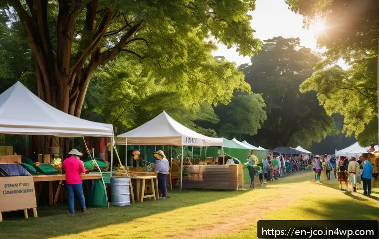 친환경 축제 기획을 위한 체크리스트 - A vibrant outdoor eco-friendly festival scene set in a lush community park with visible environmenta...