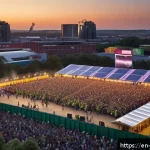 Home 23 축제 운영을 위한 친환경 기술 도입 - A vibrant outdoor music festival scene at dusk featuring a large stage powered by sleek solar panels...