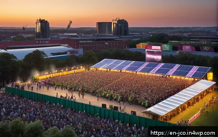 축제 운영을 위한 친환경 기술 도입 - A vibrant outdoor music festival scene at dusk featuring a large stage powered by sleek solar panels...