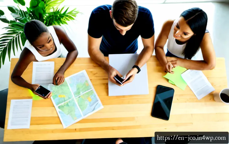 Home 17 SNS 활용을 통한 친환경 메시지 확산 전략 - Photorealistic overhead view of a diverse small marketing team gathered around a wooden table, plann...