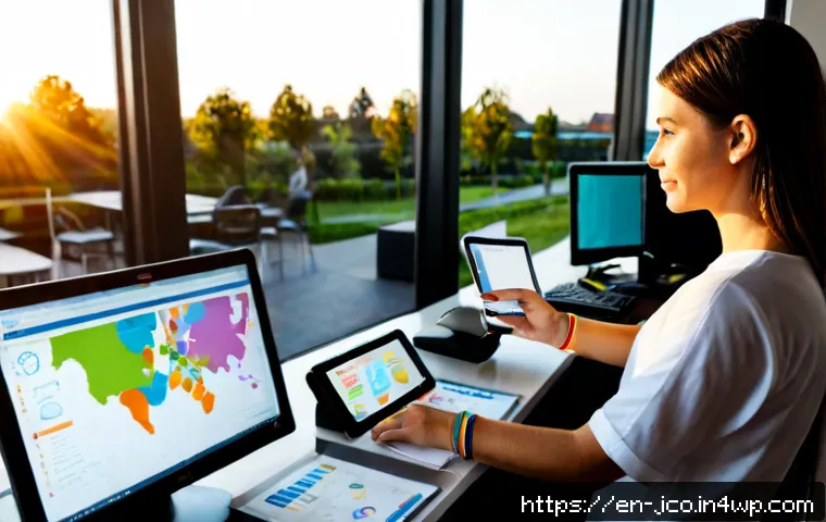 축제 중 수집된 데이터 분석과 활용 방안 - Photorealistic festival data analysis scene in a modern community event office, diverse adult event ...